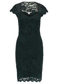 Zelené krajkové šaty s krátkými rukávy ve tvaru čepiček, výstřihem do V a květinovým vzorem. Přiléhavý střih s vroubkovaným okrajem.