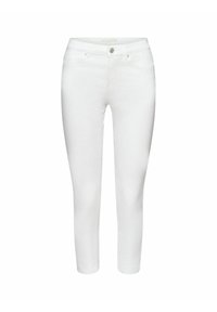 Pantalons en denim blanc avec une coupe slim, présentant un design à cinq poches, une fermeture à bouton en métal et des détails de couture subtils.