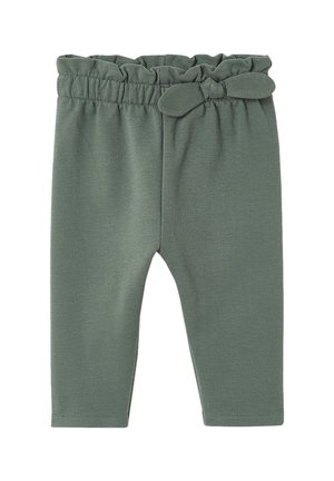 Soft green toddler pants with elastic ruffled waistband and decorative fabric bow on the right side of the front.