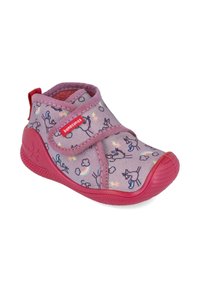 Zapato infantil morado con suela rosa, patrón de unicornio y arcoíris, y cierre de una sola tira de velcro.