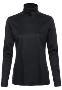 Schwarzer Rollkragenpullover mit langen Ärmeln, aus glattem Stoff gefertigt. Hat einen hohen Kragen und ein tailliertes Design. Keine Muster oder Verzierungen.