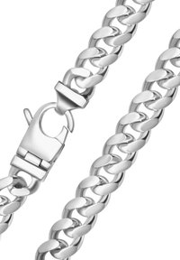 Srebrny metalowy naszyjnik w formie łańcuszka z połączonymi owalnymi ogniwami oraz solidnym zapięciem na karabińczyk. Gładka tekstura i błyszczące wykończenie.