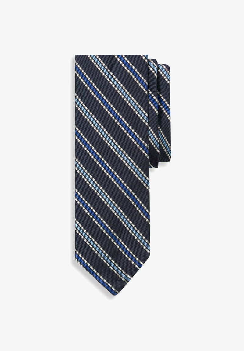 Marineblaues Krawatte mit diagonalen Streifen in Hellblau, Weiß und Königsblau, ordentlich gefaltet auf weißem Hintergrund.