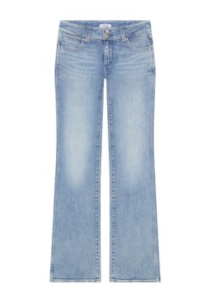 Világoskék bővülő szárú farmernadrág, combnál kifakuló hatással, öt zsebbel, dupla gombos lezárással, és Wrangler márkajelzéssel a derékpánton.