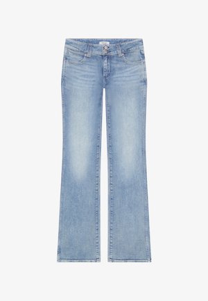 Világoskék bővülő szárú farmernadrág, combnál kifakuló hatással, öt zsebbel, dupla gombos lezárással, és Wrangler márkajelzéssel a derékpánton.