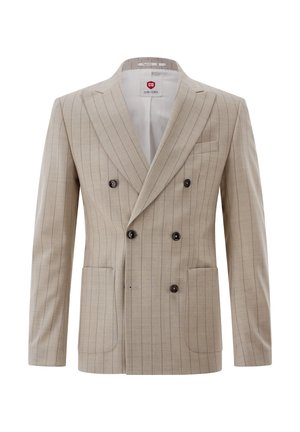 Beige double-breasted blazer with thin vertical stripes, black buttons, notch lapels, and three front pockets, displayed against a white background.