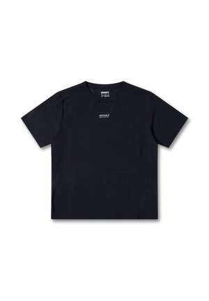 Navy blue short-sleeve t-shirt made of textured fabric, featuring a small white logo on the chest and a crew neckline.