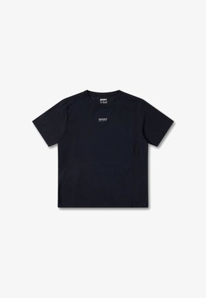 T-shirt blu navy a maniche corte realizzato in tessuto texturizzato, con un piccolo logo bianco sul petto e scollo a girocollo.