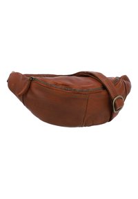 Marsupio in pelle marrone con una forma curva. Presenta una chiusura con zip, una tracolla regolabile e una superficie liscia. Elementi di design minimalista.