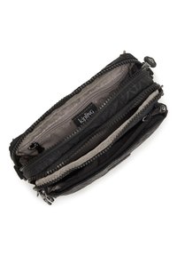 Black fabric wallet with multiple zippered compartments, featuring a gray interior lining and a small logo tag inside.