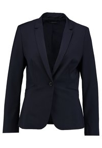 Blazer azul marino hecho de una tela estructurada, con cierre de un solo botón, solapas con muesca y dos bolsillos frontales para un aspecto ajustado.