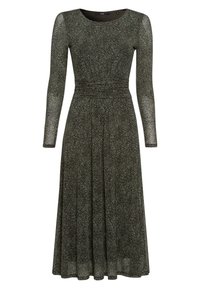 Langärmliges Midikleid in Dunkelgrün mit dezenten metallischen Sprenkeln, geraffter Taille und schwingendem Rock für eine fließende Silhouette.