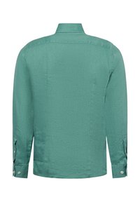 Langärmliges Hemd aus hellgrünem Stoff mit strukturiertem Finish. Verfügt über einen klassischen Kragen und knöpfbare Manschetten. Rückansicht gezeigt.