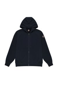 Felpa con zip di colore navy, con cappuccio regolabile e cordino, due tasche frontali, polsini a coste e patch del logo sulla manica sinistra. Texture del tessuto morbida.