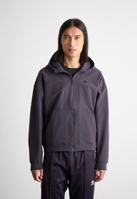 Gray zip-up hoodie with a front pocket, made from a smooth material. Features a drawstring hood and small logo on the chest.