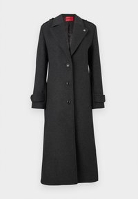 Dark gray wool blend coat with a tailored design, button closure, notch lapels, and rolled cuffs. Features subtle branding above the left pocket.