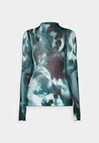 Long-sleeve top featuring a high neckline, ribbed texture, and abstract teal and black print on a light background.