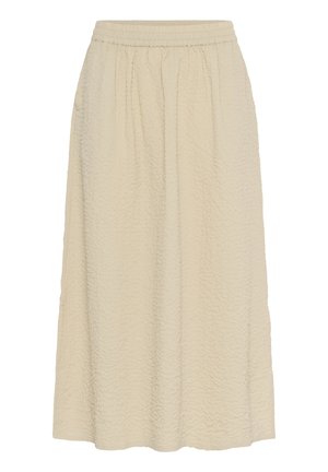 Faltiger Cremekleid mit elastischem Bund, knie-lange und lockerer Passform. Die Textur ist weich mit subtilen Variationen.