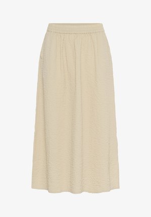 Faltiger Cremekleid mit elastischem Bund, knie-lange und lockerer Passform. Die Textur ist weich mit subtilen Variationen.