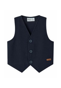 Gilet per bambino blu navy con tre bottoni frontali, scollatura a V e una piccola etichetta marrone sul lato destro in basso.