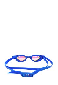 Blue swimming goggles with purple-tinted lenses, silicone frame, and adjustable strap featuring a clasp for secure fit.