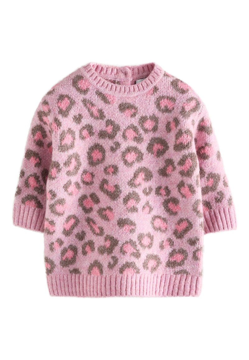 Pull en maille rose avec imprimé léopard en gris et rose foncé; doté d'un col rond, de poignets et d'un ourlet côtelés. Tissu doux et texturé.