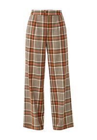 Zijdezachte wijde broek in een meerkleurig ruitpatroon, met aardse tinten van bruin, oranje en crème. Materiaal: geweven stof.