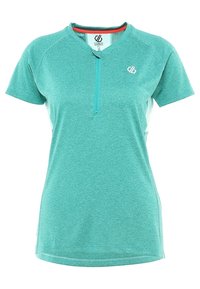 Tyrkysové tričko s krátkým rukávem a zipovým límcem, vyrobené z lehkého materiálu s jemnou melírovanou strukturou. Má logo na hrudi.
