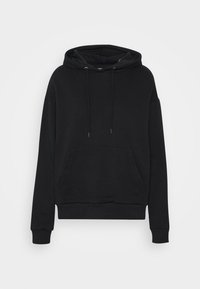 Svart huvtröja i mjukt tyg, med framficka och justerbara dragsnören vid halsen, samt ribbade muddar och fåll.