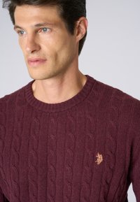Maglione bordeaux in maglia grossa con collo rotondo, caratterizzato da un sottile logo ricamato in oro sul petto e un tessuto dalla texture particolare.