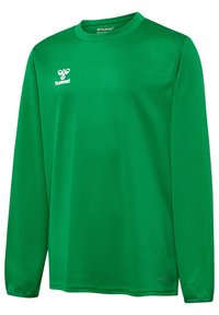 T-shirt de sport vert à manches longues en tissu léger, avec un col rond, et un petit logo blanc sur la partie supérieure gauche de la poitrine.