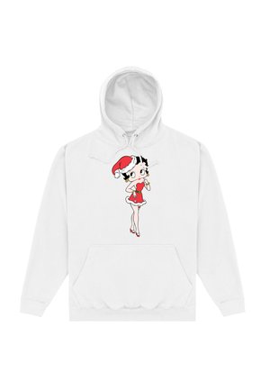 Biała bluza z kapturem z nadrukiem przedstawiającym postać w czerwonej sukience i czapce Mikołaja, z przednią kieszenią i sznurkiem do regulacji kaptura.