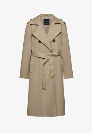 Bézs dupla soros ballonkabát széles gallérral, deréknál övvel, vállpántokkal és oldalzsebekkel, középhosszú, bélelt belsővel.