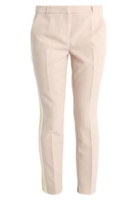 Beige tailored trousers made of smooth fabric, featuring vertical white and yellow stripes along the sides. Slim fit with front pockets.
