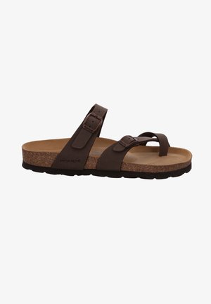 Brown cork sandal with a textured footbed, two adjustable fabric straps, and a sturdy rubber sole. Features a buckle on each strap.