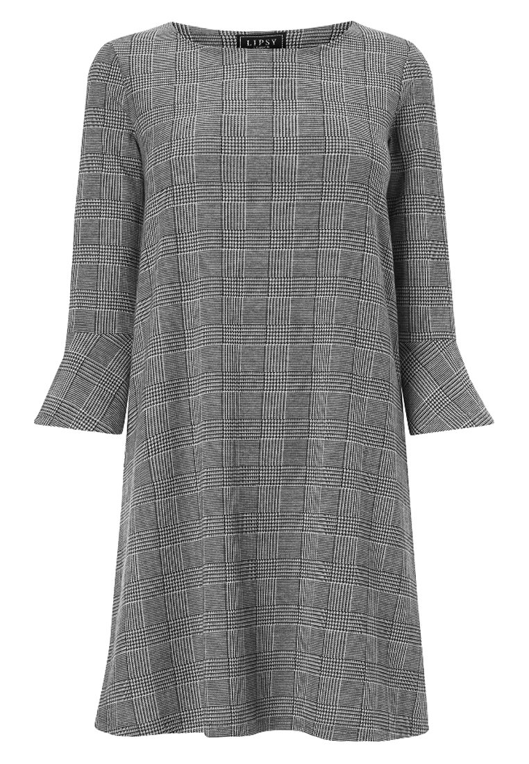Robe à carreaux grise en tissu avec une coupe ample, des manches cloche trois-quarts et un col rond. Présente un motif en grille.