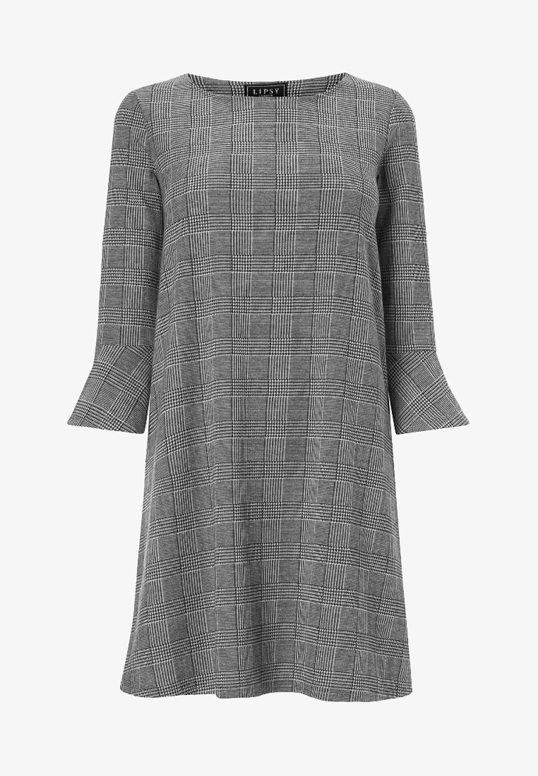 Robe à carreaux grise en tissu avec une coupe ample, des manches cloche trois-quarts et un col rond. Présente un motif en grille.