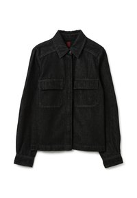 Giacca di denim nera con colletto, chiusura anteriore a bottoni e due tasche sul petto. Il tessuto ha una trama sottile e una vestibilità strutturata.