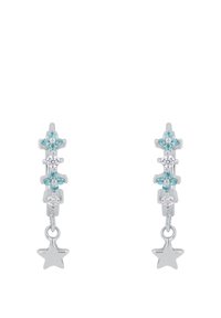 Orecchini in tono argento con gemme alternate di turchese e trasparenti, caratterizzati da un ciondolo a forma di stella che pende dal basso.