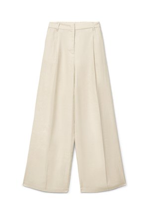 Beige wide-leg pants with belt loops, front seam detailing, and a concealed front closure.