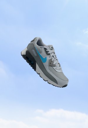 Baskets Nike Air Max grises et blanches avec un swoosh bleu flottant sur un fond de ciel bleu clair.