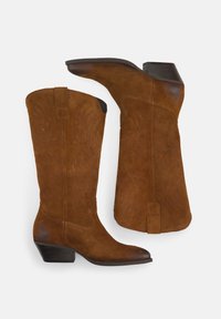 Stivali da cowboy in suede marrone, con punta affusolata, altezza a metà polpaccio, cuciture decorative e tacco impilato. Finitura testurizzata e dettaglio con linguetta.