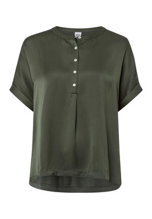 Olive green short-sleeve top made of smooth fabric, featuring a crew neckline, a buttoned front placket, and a relaxed fit.