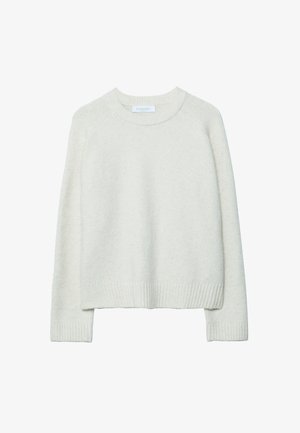 Krem na barvni pulover z teksturirano površino, rebrastim ovratnikom in robom ter raglan rokavi. Izdelan iz mehke, tople tkanine.