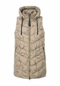 Beige Steppweste mit Kapuze, ausgestattet mit schwarzen Linienzeichnungen von Gesichtern, mit einem Reißverschluss auf der Vorderseite und zwei Seitentaschen. Strukturierte Oberfläche mit gestepptem Muster.