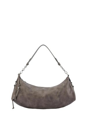 Graue halbmondförmige Lederhandtasche mit abnehmbarem Schulterriemen und Reißverschluss, versehen mit kleinen dekorativen Quasten an der Seite.