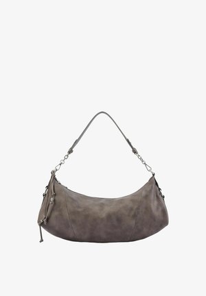 Graue halbmondförmige Lederhandtasche mit abnehmbarem Schulterriemen und Reißverschluss, versehen mit kleinen dekorativen Quasten an der Seite.