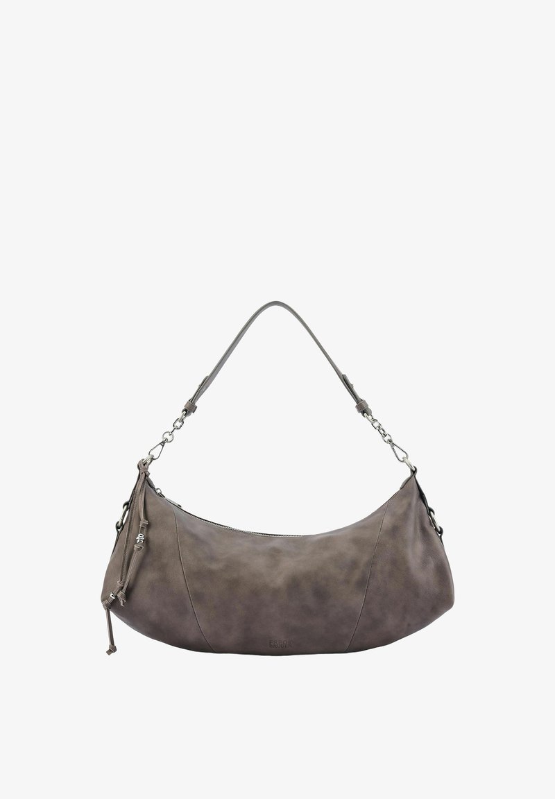 Sac à main en cuir gris en forme de croissant avec bandoulière amovible et fermeture éclair, orné de petits pompons décoratifs sur le côté.