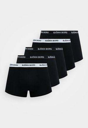 Zwarte boxershorts in een verpakking van vijf, met een witte elastische tailleband waarop "BJÖRN BORG" is gebrandmerkt, gemaakt van een zachte stretchstof.