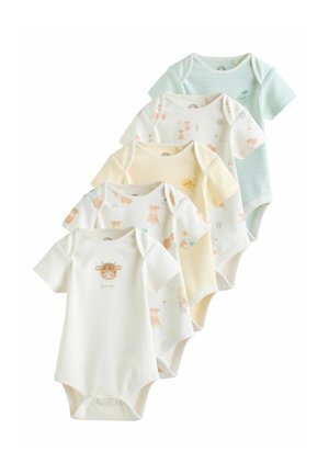 Fünf kurzärmelige Babybodys in Pastellfarben, mit Tier- und Sonnenmotiven und Druckknöpfen am unteren Abschluss.